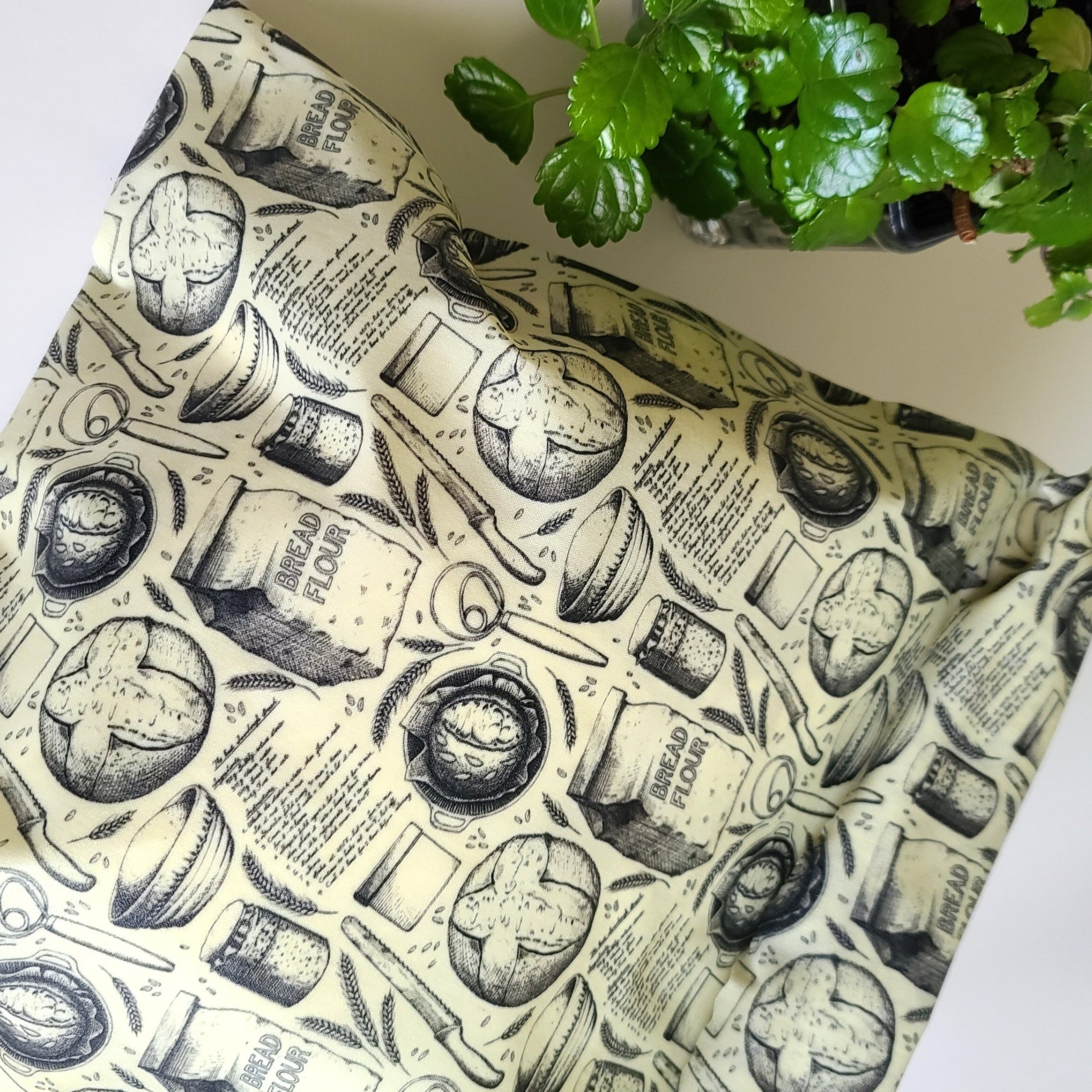 Sourdough print beeswax bread bag in black and white.